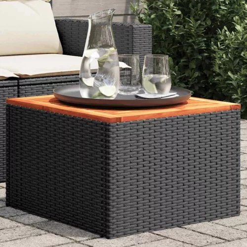 Fekete polyrattan és akácfa kerti asztal 55 x 55 x 37 cm