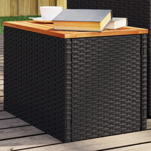  2 db fekete polyrattan és tömör fa kerti kisasztal 55x34x37 cm