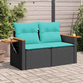 Kétszemélyes fekete polyrattan kerti kanapé párnákkal