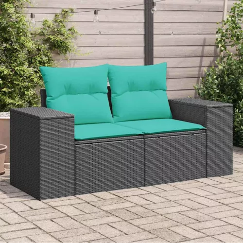 2 személyes fekete polyrattan kerti kanapé párnával