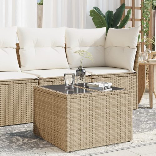 bézs polyrattan üveglapos kerti asztal 55 x 55 x 37 cm