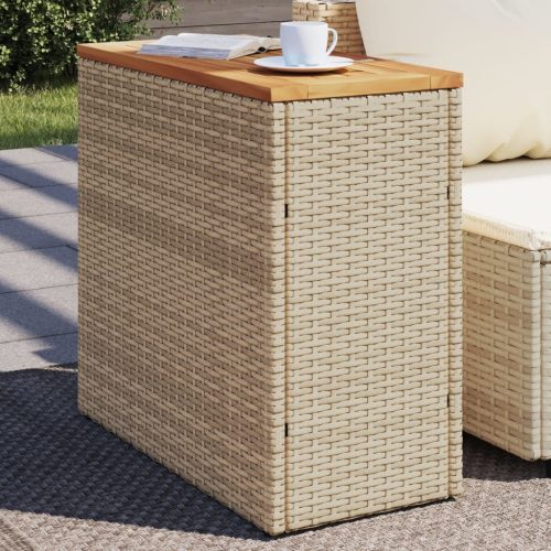 bézs polyrattan kerti kisasztal fa asztallappal 58x27,5x55 cm