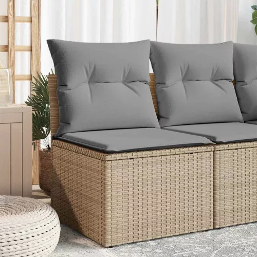Bézs polyrattan karfa nélküli kerti kanapé párnával