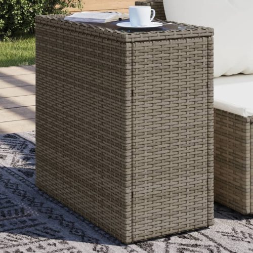 szürke polyrattan kerti kisasztal üveg lappal 58 x 27,5 x 55 cm