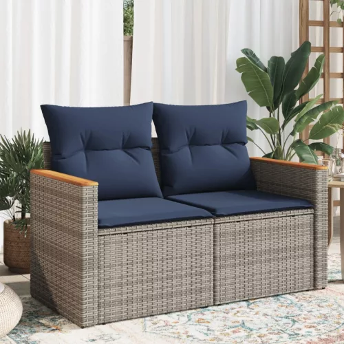 kétszemélyes szürke polyrattan kerti kanapé párnákkal