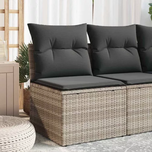 Világosszürke polyrattan karfa nélküli kerti kanapé párnával