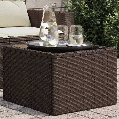 Barna polyrattan üveglapos kerti asztal 55 x 55 x 37 cm