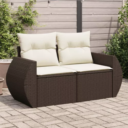 2 személyes barna polyrattan kerti kanapé párnával