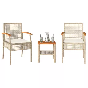   3 részes bézs polyrattan és akácfa bisztrószett párnákkal