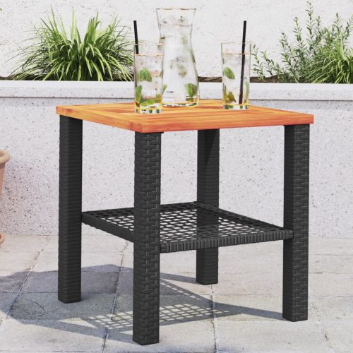  fekete polyrattan és akácfa kerti asztal 40 x 40 x 42 cm