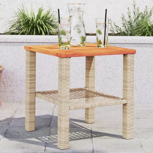Bézs polyrattan és akácfa kerti asztal 40 x 40 x 42 cm