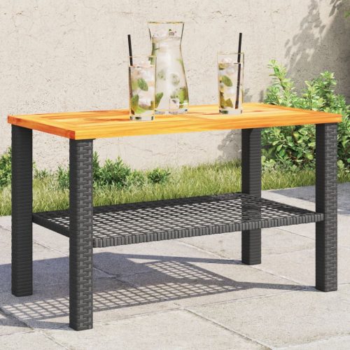  fekete polyrattan és akácfa kerti asztal 70 x 38 x 42 cm