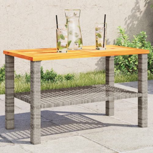  szürke polyrattan és akácfa kerti asztal 70 x 38 x 42 cm