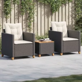   3 részes fekete polyrattan és akácfa bisztrószett párnákkal