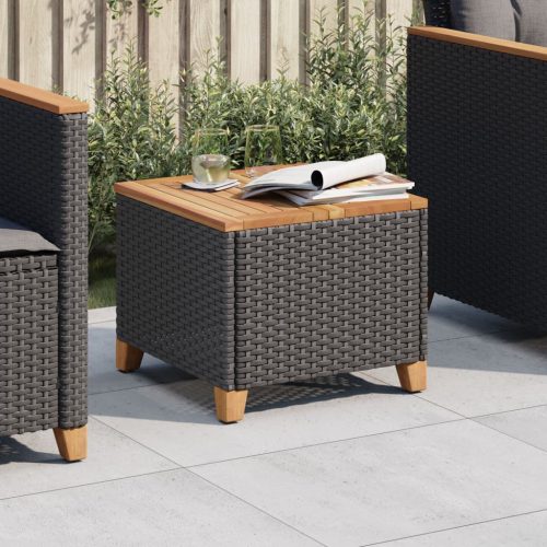  fekete polyrattan és akácfa kerti asztal 45 x 45 x 37 cm