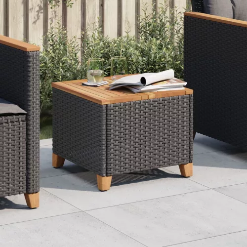 Fekete polyrattan és akácfa kerti asztal 45 x 45 x 37 cm