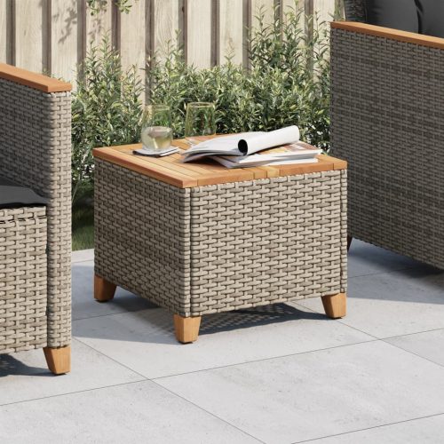  szürke polyrattan és akácfa kerti asztal 45 x 45 x 37 cm