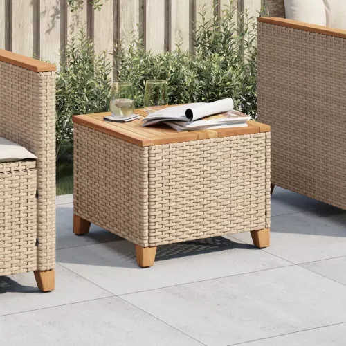 Bézs polyrattan és akácfa kerti asztal 45 x 45 x 37 cm