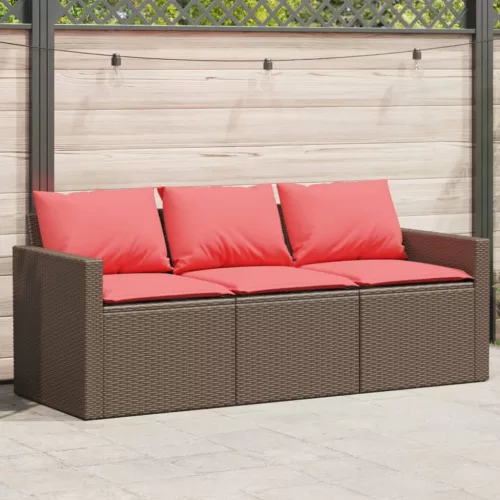 3 személyes barna polyrattan kerti kanapé párnával