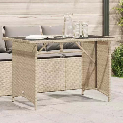 Bézs polyrattan üveglapos kerti asztal 110x68x70 cm