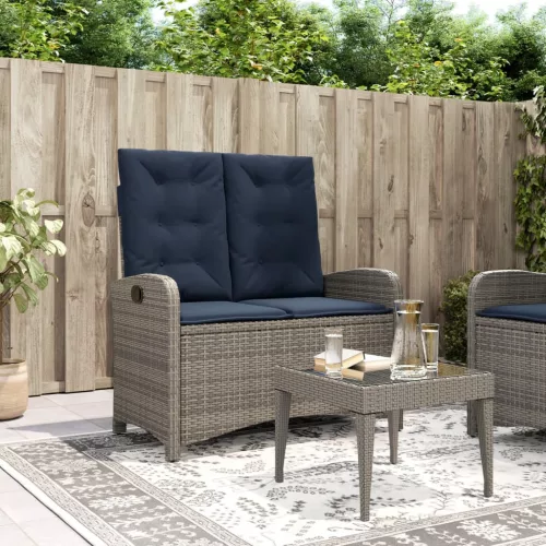Szürke polyrattan dönthető kerti pad párnával