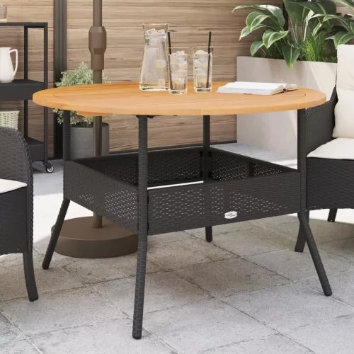Fekete polyrattan kerti asztal akácfa lappal Ø110 x 71 cm