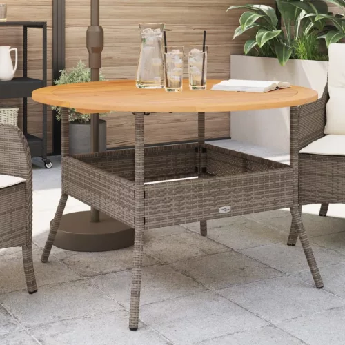 Szürke polyrattan kerti asztal akácfa lappal Ø110 x 71 cm