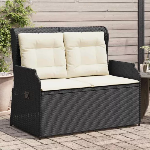 Fekete polyrattan dönthető kerti pad párnával