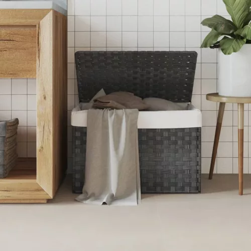 szürke polyrattan szennyeskosár fedéllel 55,5 x 35 x 34 cm