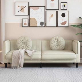 krémszínű bársony 3 személyes kanapé párnákkal