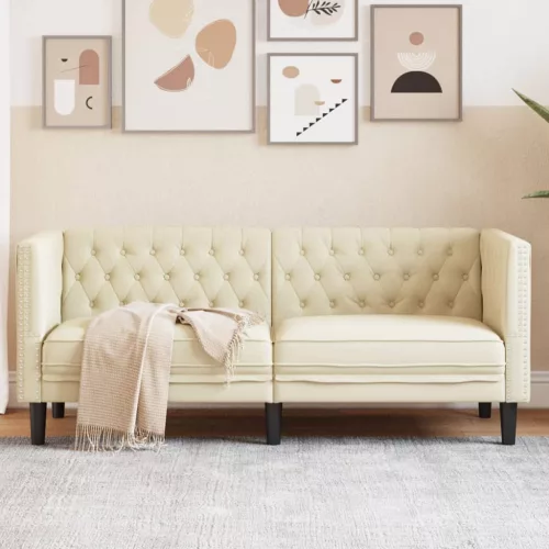 2 személyes krémszínű műbőr Chesterfield kanapé