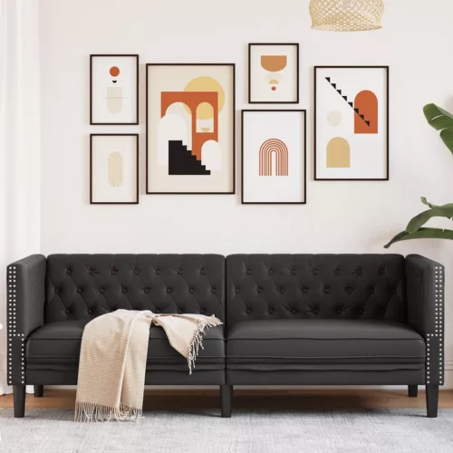 3 személyes fekete műbőr Chesterfield kanapé