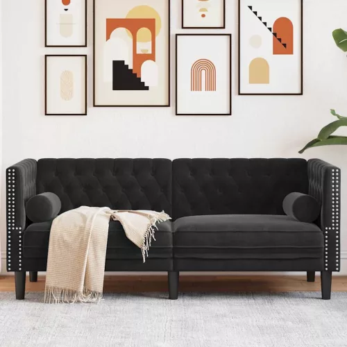 2 személyes fekete bársony Chesterfield kanapé hengerpárnákkal