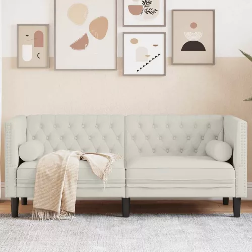 2 személyes krémszínű bársony Chesterfield kanapé párnákkal