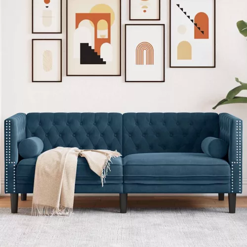 2 személyes kék bársony Chesterfield kanapé hengerpárnákkal