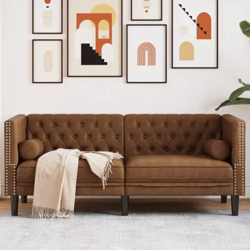2 személyes barna műbőr Chesterfield kanapé hengerpárnákkal