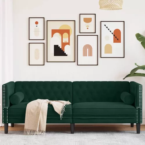 3 személyes sötétzöld bársony Chesterfield kanapé párnákkal