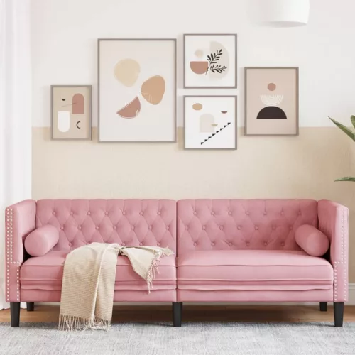 3 személyes rózsaszín bársony Chesterfield kanapé párnákkal