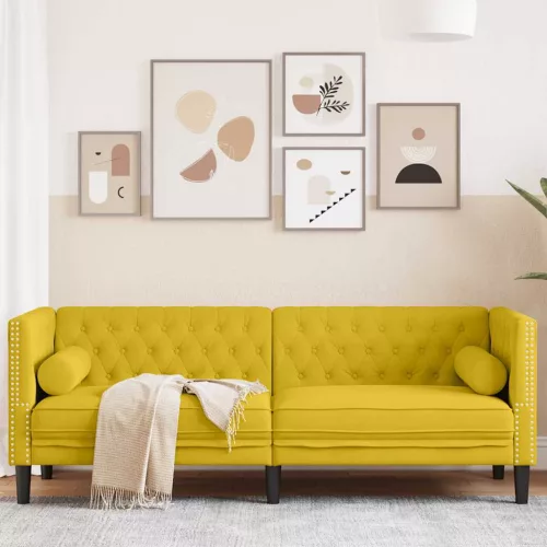 3 személyes sárga bársony Chesterfield kanapé hengerpárnákkal