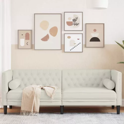 3 személyes krémszínű bársony Chesterfield kanapé párnákkal