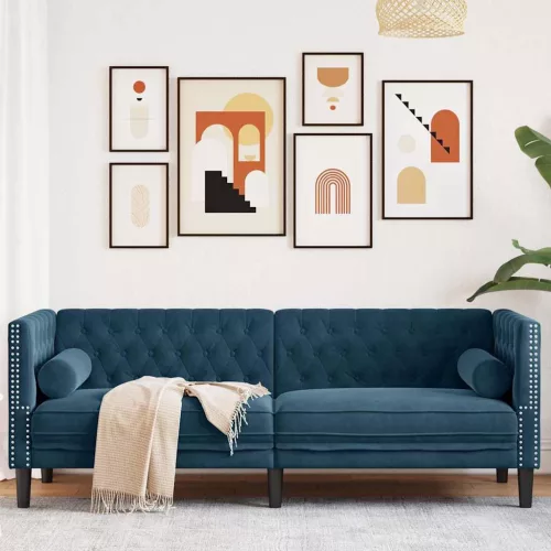 3 személyes kék bársony Chesterfield kanapé hengerpárnákkal