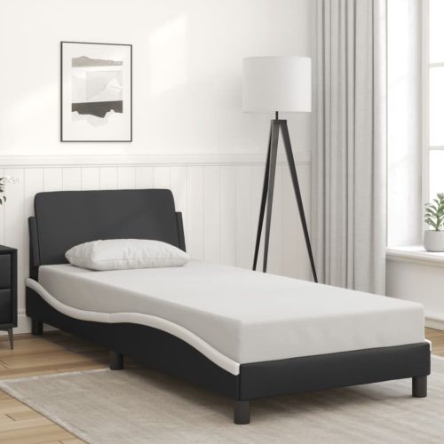 fekete és fehér műbőr ágykeret fejtámlával 80 x 200 cm
