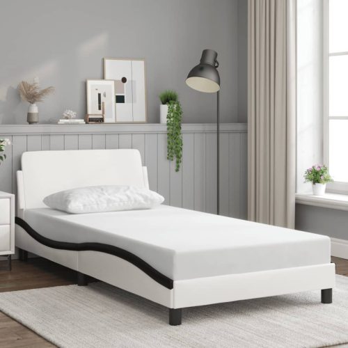 fehér és fekete műbőr ágykeret fejtámlával 100x200 cm