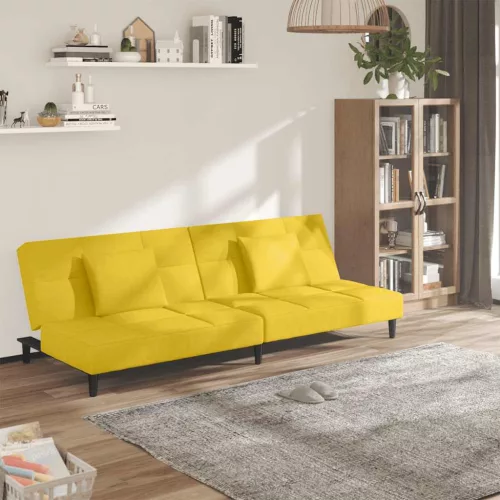 Kétszemélyes sárga bársony kanapéágy két párnával