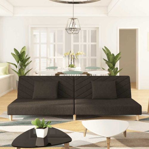 kétszemélyes barna szövet kanapéágy két párnával