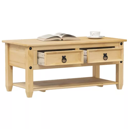 vidaXL Corona tömör fenyőfa dohányzóasztal fiókokkal 100x48x45 cm