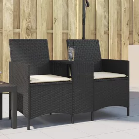   vidaXL 2 személyes fekete polyrattan kerti kanapé asztallal / párnával
