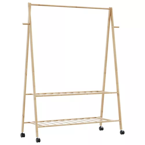 bambusz ruhaállvány polcokkal és kerekekkel 132x45,5x155,5 cm