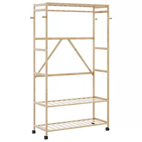 bambusz ruhaállvány polcokkal és kerekekkel 110x40x180 cm