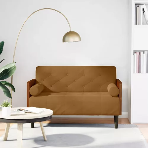 Barna bársony loveseat kanapé párnákkal 110 cm